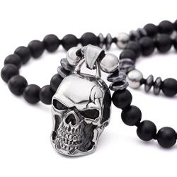 PEARLADA Gothic Skull Necklace Pendant Necklace Fashion Star of David and Cross Dangle Necklaces Long Black Onyx Beads Jewelry Handmade for Women Stainless Steel Necklace