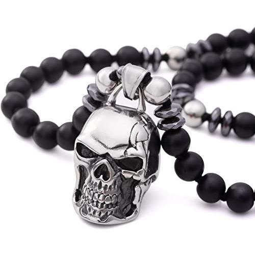 PEARLADA Gothic Skull Necklace Pendant Necklace Fashion Star of David and Cross Dangle Necklaces Long Black Onyx Beads Jewelry Handmade for Women Stainless Steel Necklace