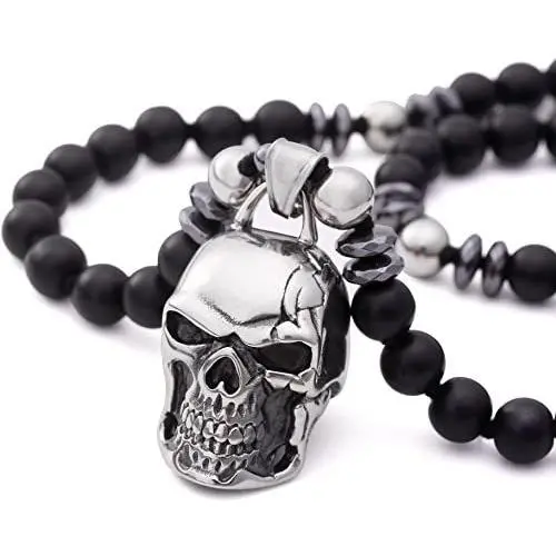 PEARLADA Gothic Skull Necklace Pendant Necklace Fashion Star of David and Cross Dangle Necklaces Long Black Onyx Beads Jewelry Handmade for Women Stainless Steel Necklace