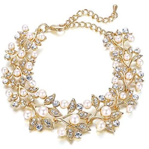 EVER FAITH Austrian Crystal Ivory Color Simulated Pearl Bridal Leaf Link Bracelet Clear
