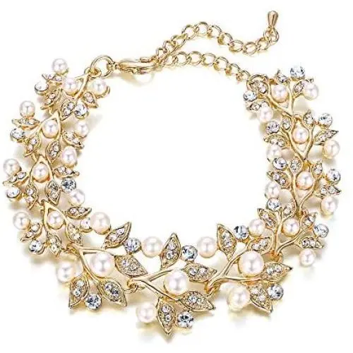 EVER FAITH Austrian Crystal Ivory Color Simulated Pearl Bridal Leaf Link Bracelet Clear EVER FAITH Austrian Crystal Ivory Color Simulated Pearl Bridal Leaf Link Bracelet Clear