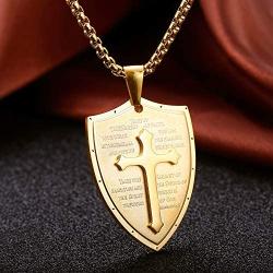 Finrezio Cross Necklace for Men Shield Armor of God Ephesians 6:16-17,Stainless Steel Faith Pendant Necklace Christian Jewelry