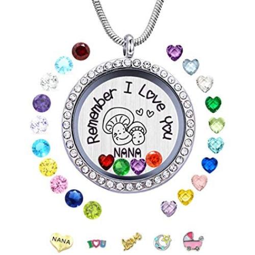 30mm Stainless Steel Living Memory Floating Locket Necklace Pendant with Charms and 24 Birthstones, Best Gifts for Women Girls