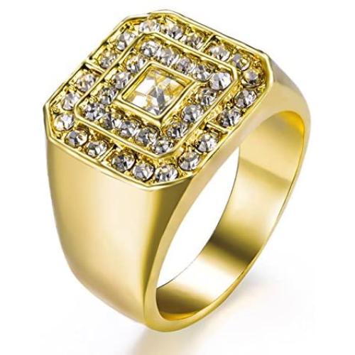 Ztuo Mens 18K Gold Plated Hip Hop Iced Out Cubic Zirconia Square Rings CZ Wedding Bands Size 8-13