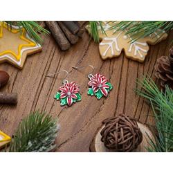 RareLove Christmas Red Poinsettia Flower Piercing Dangle Earrings Silver Plated Alloy Holiday Jewelry For Women Girls