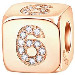 Rose Gold Dice Lucky 0-9 Number and Poker Card Charms with CZ, 925 Sterling Silver Cube Shape Beads fits European Bracelet, Birthday Gifts for Friends/Mom/Teacher