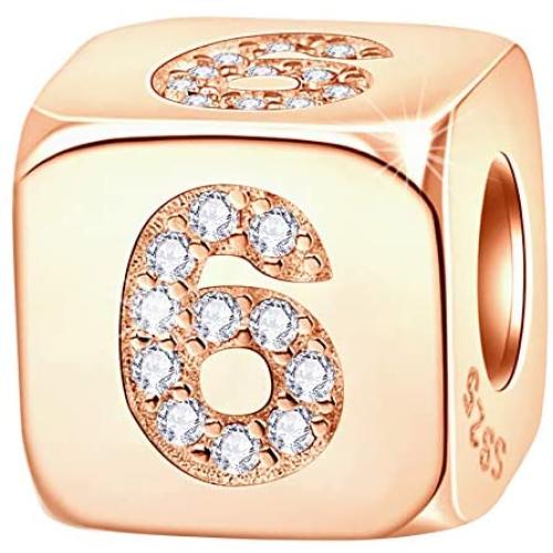 Rose Gold Dice Lucky 0-9 Number and Poker Card Charms with CZ, 925 Sterling Silver Cube Shape Beads fits European Bracelet, Birthday Gifts for Friends/Mom/Teacher