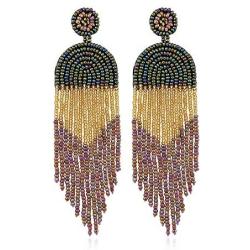 Luluping Long Beaded Tassel Earrings – Big Boho Native Handmade Bead Dangle Earrings for Women, Bohemian Large Statement Beaded Drop Fringe Earrings