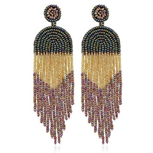 Luluping Long Beaded Tassel Earrings – Big Boho Native Handmade Bead Dangle Earrings for Women, Bohemian Large Statement Beaded Drop Fringe Earrings