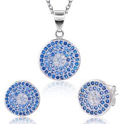 iRealy 925 Sterling Silver Pendant Necklace and Stud Earrings Jewelry Set, Fashion Round Boho Ear Studs Cubic Zirconia for Women/Girl/Bride/Mom/Wife