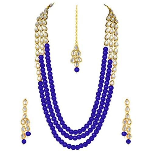 Aheli Classy Bollywood Party Wedding Kundan and Colour Beads Necklace Earrings with Maang Tikka Set Indian Traditional Ethnic Fashion Jewelry for Women