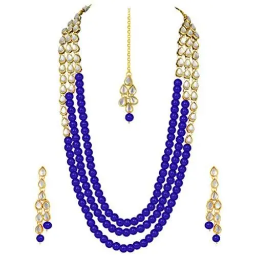 Aheli Classy Bollywood Party Wedding Kundan and Colour Beads Necklace Earrings with Maang Tikka Set Indian Traditional Ethnic Fashion Jewelry for Women