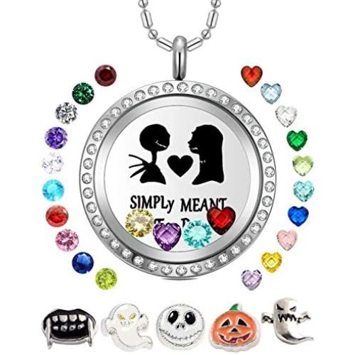 AZNECK 30mm Jack and Sally Nightmare Before Christmas Necklaces Halloween Locket Kids Floating Charms Pendant Gifts for Women Girls Men Boys Birthstone Jewelry