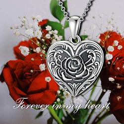 Rose Flower Heart Shaped Personalized Locket Necklace That Hold 2 Pictures Memory Photos Keep Someone Near to You Sterling Silver Jewelry