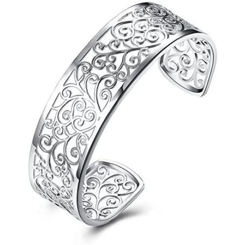 925 Sterling Silver Bangle Bracelet, HTOMT Fashion Simple Open Bangles Cuff Jewelry for Women
