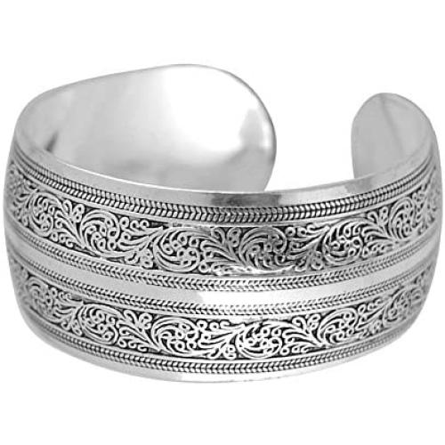 BODYA Tibeten Silver Carved Spiral Flower Connecting Branches Pattern Wide Band Open Cuff Bracelet Bangle