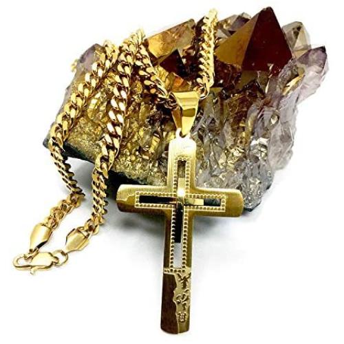 Hollywood Jewelry Cross Faith Pendant Chain Necklace 18k Real Gold Plated Religious Crucifix Cuban Link for Women and Men Thin for Charms Love Diamonds Cut