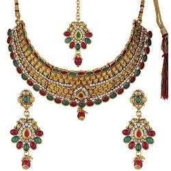 Efulgenz Indian Bollywood Traditional 14 K Gold Plated Kundan Pearl Wedding Choker Necklace Earrings Maangtikka Jewelry Set