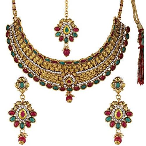 Efulgenz Indian Bollywood Traditional 14 K Gold Plated Kundan Pearl Wedding Choker Necklace Earrings Maangtikka Jewelry Set
