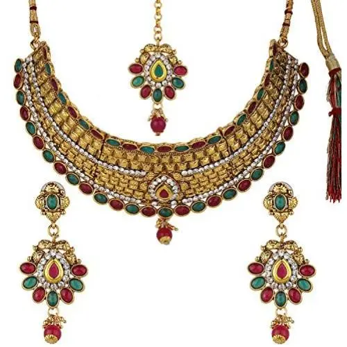 Efulgenz Indian Bollywood Traditional 14 K Gold Plated Kundan Pearl Wedding Choker Necklace Earrings Maangtikka Jewelry Set Efulgenz Indian Bollywood Traditional 14 K Gold Plated Kundan Pearl Wedding Choker Necklace Earrings Maangtikka Jewelry Set