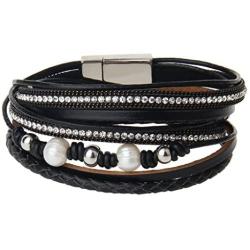 TASBERN Gray Leather Wrap Bracelet for Women Pearl Crystal Rope Braided Cuff Bracelets Handmade Jewelry Gift for Teens Girls