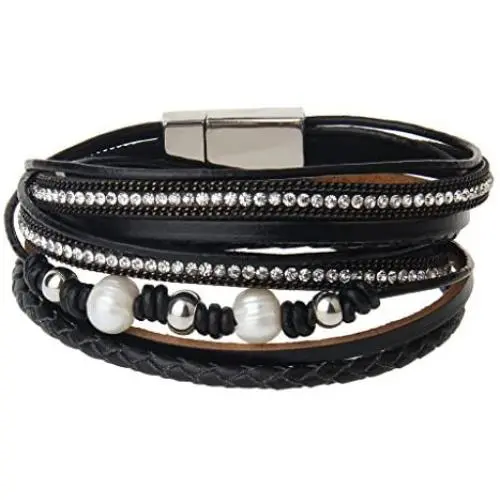 TASBERN Gray Leather Wrap Bracelet for Women Pearl Crystal Rope Braided Cuff Bracelets Handmade Jewelry Gift for Teens Girls TASBERN Gray Leather Wrap Bracelet for Women Pearl Crystal Rope Braided Cuff Bracelets Handmade Jewelry Gift for Teens Girls