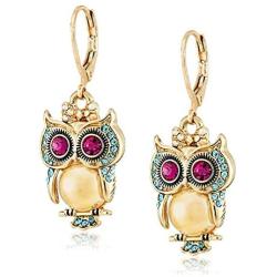 Critters Owl Drop Earrings for Women, Cubic Zirconia Owl Dangle Earrings, Owl leverback earrings, Gold Anti-Allergy Earring with CZ Crystal, Cute Animal Earrings Jewelry Gift for Women Girls