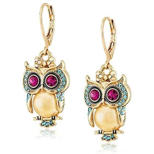 Critters Owl Drop Earrings for Women, Cubic Zirconia Owl Dangle Earrings, Owl leverback earrings, Gold Anti-Allergy Earring with CZ Crystal, Cute Animal Earrings Jewelry Gift for Women Girls