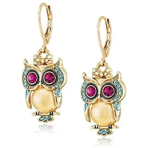 Critters Owl Drop Earrings for Women, Cubic Zirconia Owl Dangle Earrings, Owl leverback earrings, Gold Anti-Allergy Earring with CZ Crystal, Cute Animal Earrings Jewelry Gift for Women Girls