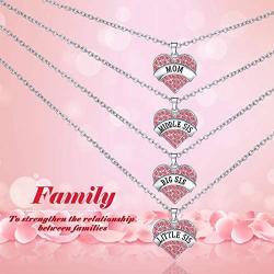 Hicarer 4 Pieces Big Sis Middle Sis Little Sis Mom Crystal Heart Shape Pendant Necklace Set Sister Family Jewelry for Sister Girls Kids