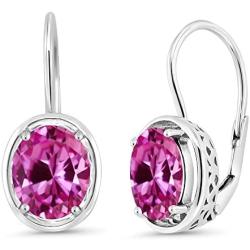 Gem Stone King 925 Sterling Silver Pink Created Sapphire Dangle Earrings For Women (4.80 Ct Oval 9X7MM)