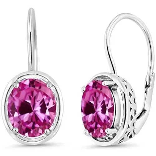Gem Stone King 925 Sterling Silver Pink Created Sapphire Dangle Earrings For Women (4.80 Ct Oval 9X7MM) Gem Stone King 925 Sterling Silver Pink Created Sapphire Dangle Earrings For Women (4.80 Ct Oval 9X7MM)