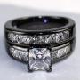Couple Ring Bridal Sets His Hers Women Black Gold Plated Square CZ Men Stainless Steel Band Wedding Ring Band Set