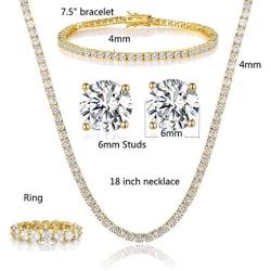 GEMSME 18K Yellow Gold Plated Tennis Necklace/Bracelet/Earrings/Band Ring Sets Pack of 4