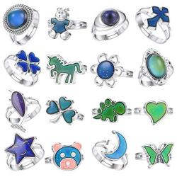 FIBO STEEL 16 Pcs Mood Ring Color Change Rings Emotional Feeling Adjustable Ring With Cute Animals