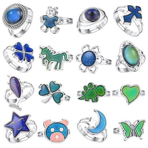 FIBO STEEL 16 Pcs Mood Ring Color Change Rings Emotional Feeling Adjustable Ring With Cute Animals