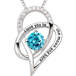 ALOV Jewelry Sterling Silver Birth Month I Love You to The Moon and Back Love Heart Cubic Zirconia Pendant Necklace