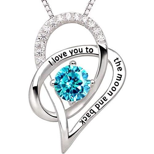 ALOV Jewelry Sterling Silver Birth Month I Love You to The Moon and Back Love Heart Cubic Zirconia Pendant Necklace