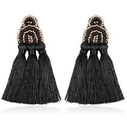 Bohemian Multi Tassel Statement Drop Earrings - Silky Thread Strand Fan Fringe Chandelier Geometric Acetate, Bead, Rhinestone, Snake Faux Leather Dangles