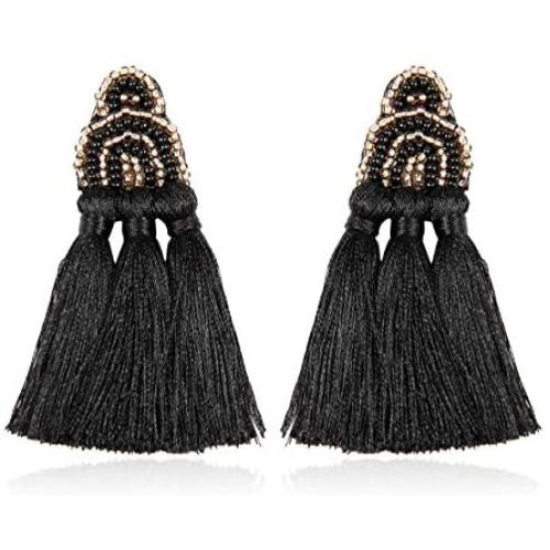 Bohemian Multi Tassel Statement Drop Earrings - Silky Thread Strand Fan Fringe Chandelier Geometric Acetate, Bead, Rhinestone, Snake Faux Leather Dangles