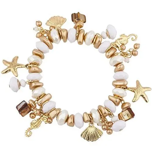 LUX ACCESSORIES Gold Tone Nautical Starfish Shell Stretch Beaded Charm Bracelet LUX ACCESSORIES Gold Tone Nautical Starfish Shell Stretch Beaded Charm Bracelet