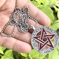 Celtic Pagan Wiccan Jewelry Tetragrammaton Inverted Pentagram Star Pentacle Red Mens Pendant Necklace Protection Amulet Money Wealth Lucky Charm Safe Travel Wicca Magic Talisman w Silver Ball Chain