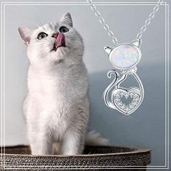 Cat Necklace for Women and Girls, THRISHULA Cute Cat Pendant Necklace White Cubic Zircon and Opal Accent, Jewelry Gift for Birthday, Anniversary, Graduation, Christmas