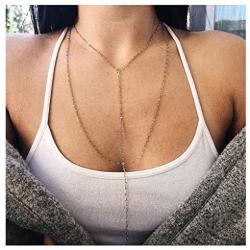 Yfe Gold Layering Necklace Choker Double Layered Necklace Tassel Pendent Necklace Choker for Women and Girls Y Necklace (Double Layer)