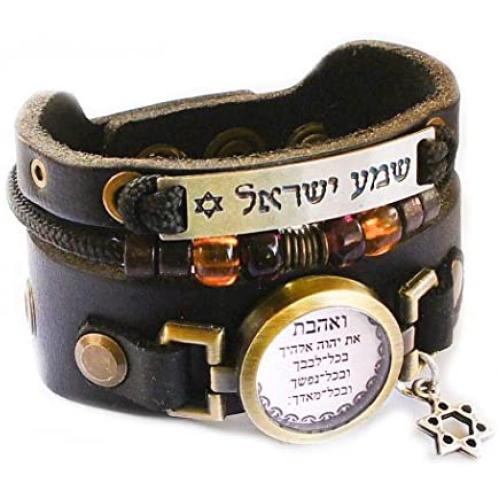 Lost Tribe Designs Deuteronomy 6:5 Bracelet - Adjustable Black Leather Cuff Bracelet with Jewish Hebrew Blessings