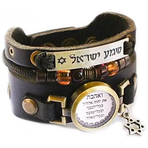 Lost Tribe Designs Deuteronomy 6:5 Bracelet - Adjustable Black Leather Cuff Bracelet with Jewish Hebrew Blessings Lost Tribe Designs Deuteronomy 6:5 Bracelet - Adjustable Black Leather Cuff Bracelet with Jewish Hebrew Blessings
