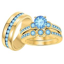Gold & Diamonds Jewellery Beautiful 3-Stone Round Cut Blue Topaz 14k Yellow Gold Over .925 Sterling Silver Wedding Ring Trio Set for Women & Mens