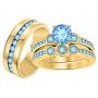 Gold & Diamonds Jewellery Beautiful 3-Stone Round Cut Blue Topaz 14k Yellow Gold Over .925 Sterling Silver Wedding Ring Trio Set for Women & Mens