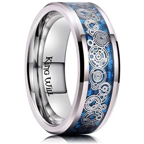 King Will 8mm Men Silver Black Titanium Wedding Ring Gears Steampunk Carbon Fiber