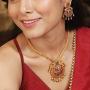 Tarinika Bani Gold-Plated Cubic Zirconia Pendant Indian Necklace and Earrings Jewelry Set - Red Green